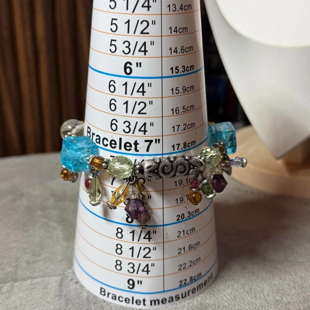 Y2K Multicolor Charm Bracelet Silver Tone Crystal Beaded Colorful Chunky 7